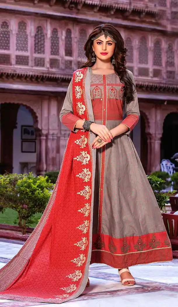 Charming Grey Color Heavy Loan Cotton Embroidered Readymade Kurti With Dupatta -9485111689