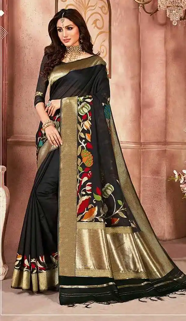 Chic Balck Color Linen Silk Designer Casual Wear Saree Blouse -9487111700