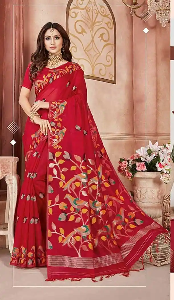 Melodic Red Color Linen Silk Designer Casual Wear Saree Blouse -9487111703