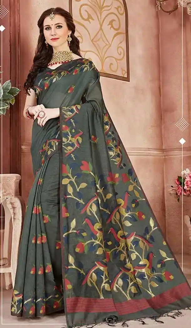 Contemporary Dark Grey Color Linen Silk Designer Casual Wear Saree Blouse -9487111704