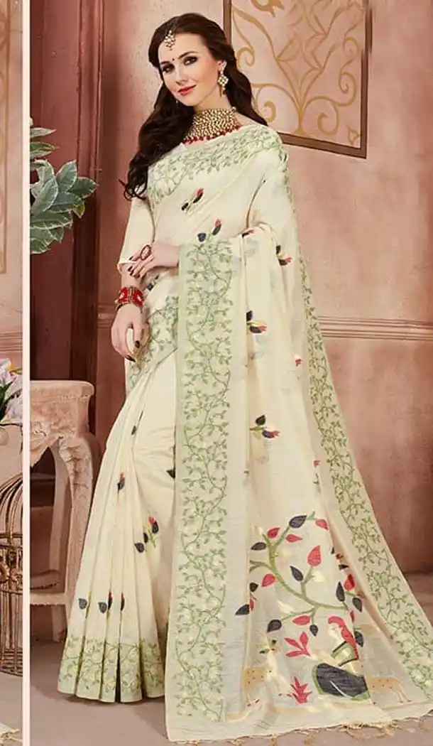 Chic Cream Color Linen Silk Designer Casual Wear Saree Blouse -9487111705