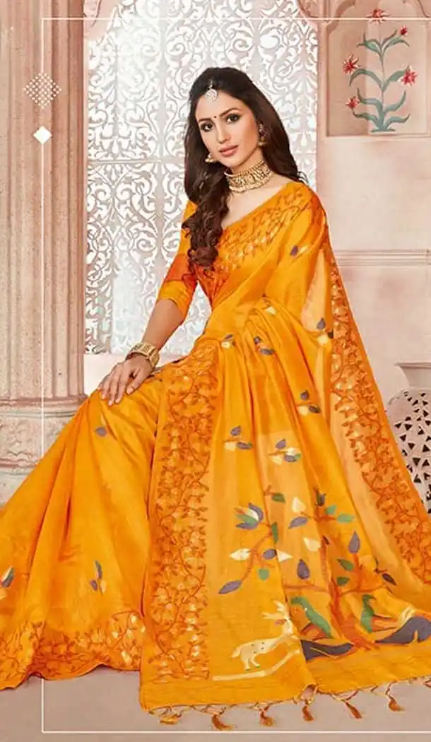 Charming Musterd Color Linen Silk Designer Casual Wear Saree Blouse -9487111706