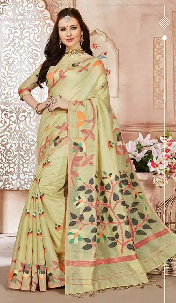 Charming Pista Color Linen Silk Designer Casual Wear Saree Blouse -9487111708