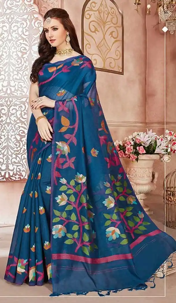 Adorable Blue Color Linen Silk Designer Casual Wear Saree Blouse -9487111709