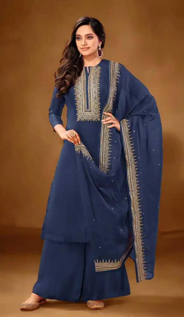 Blue Color Pure Cotton lawn Casual Office Wear Palazzo Salwar Kameez -9491111731