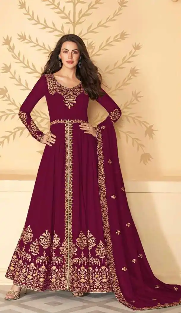 Maroon Color Georgette Embroidery Long Pakistani Salwar Kameez -9516111904