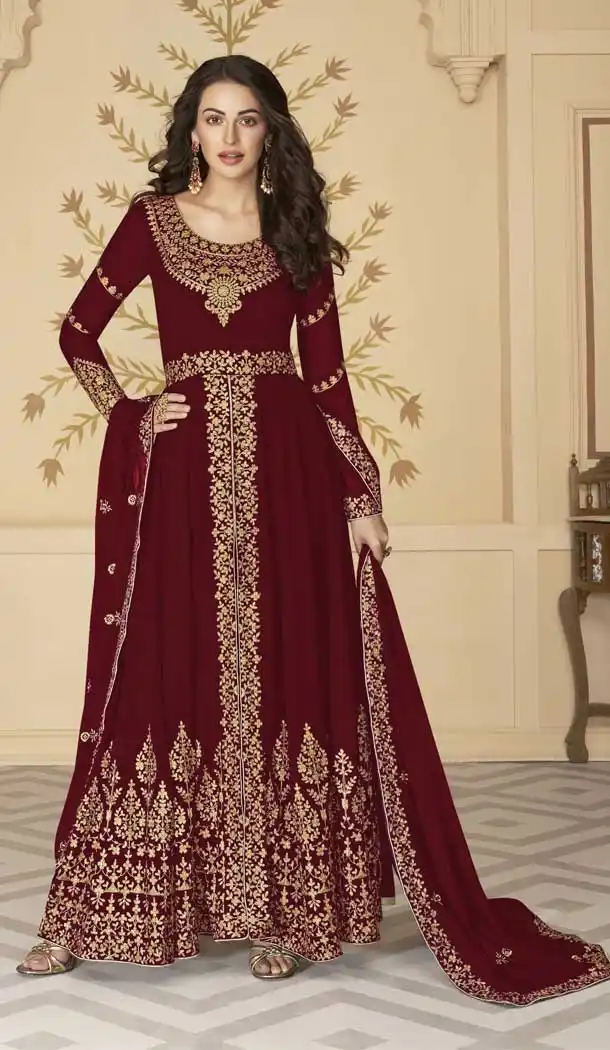 Maroon Color Georgette Eid Festive Wear Long Pakistani Salwar Kameez -9518111915