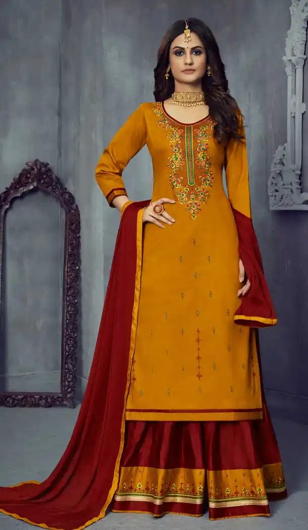 Musterd Color Jam Silk Heavy Embroidered Party Wear Lehenga Suit -9538112140