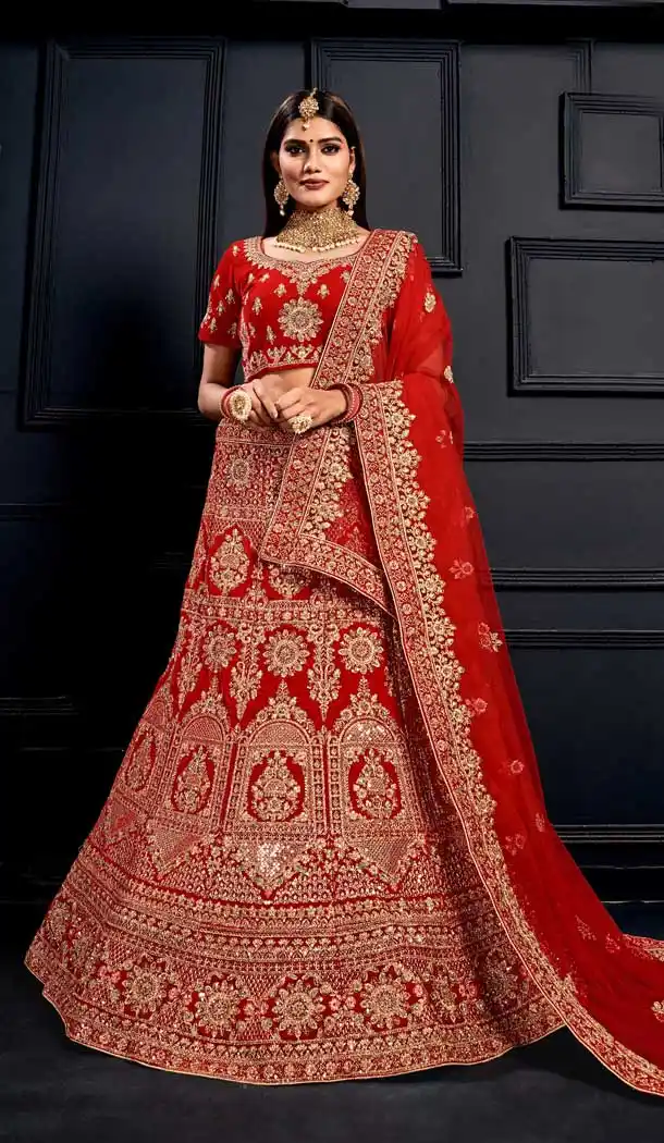 Red Color Velvet Heavy Designer Bridal Wedding Wear Lehenga Choli -9541112153