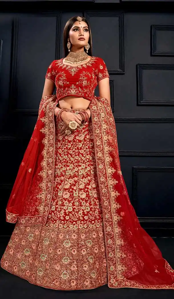 Aesthetic Red Color Velvet Heavy Designer Bridal Wedding Wear Lehenga Choli -9541112156