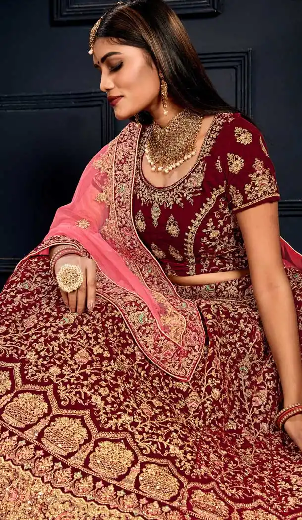 Maroon Color Velvet Heavy Designer Bridal Wedding Wear Lehenga Choli -9541112157