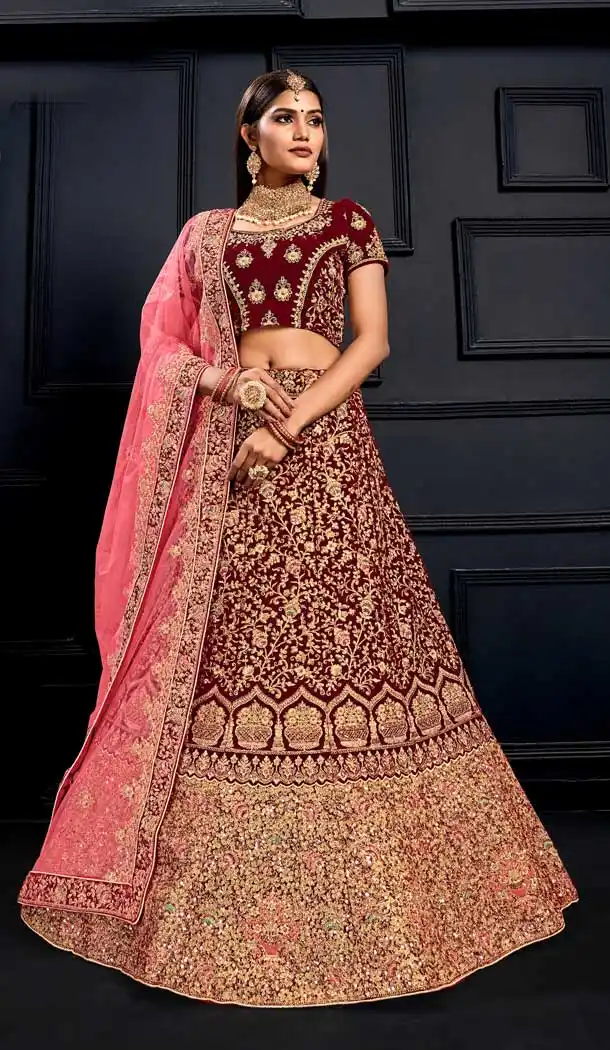 Maroon Color Velvet Heavy Designer Bridal Wedding Wear Lehenga Choli -9541112157