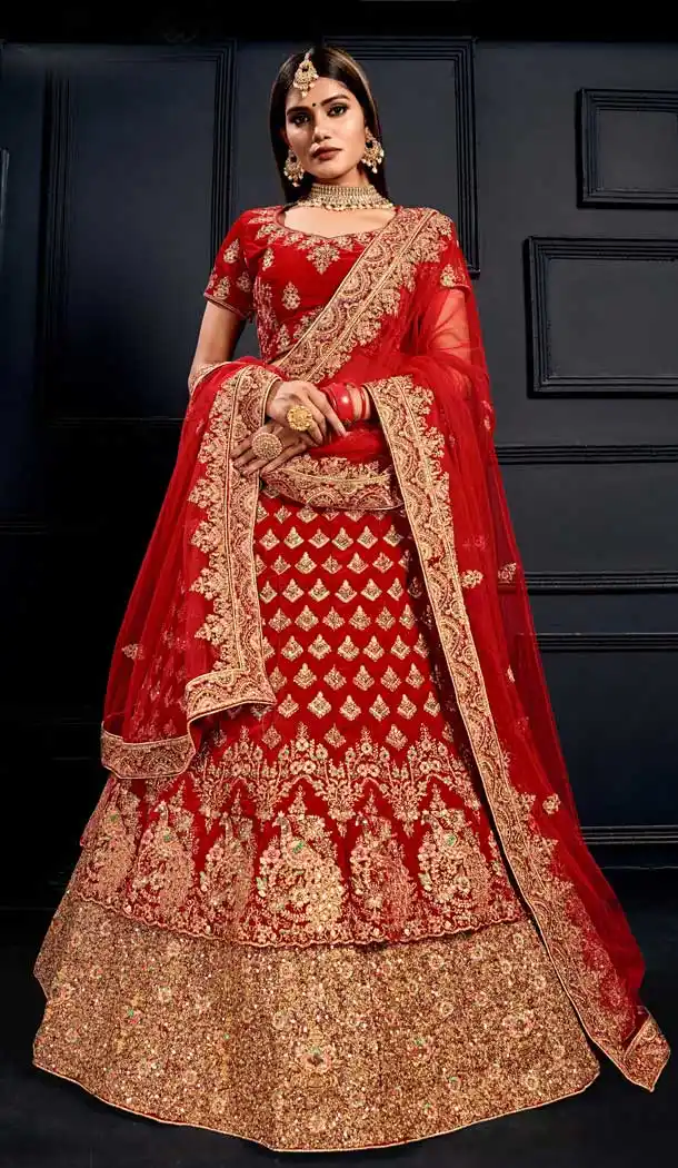 Gorgeous Red Color Velvet Heavy Designer Bridal Wedding Wear Lehenga Choli -9541112159
