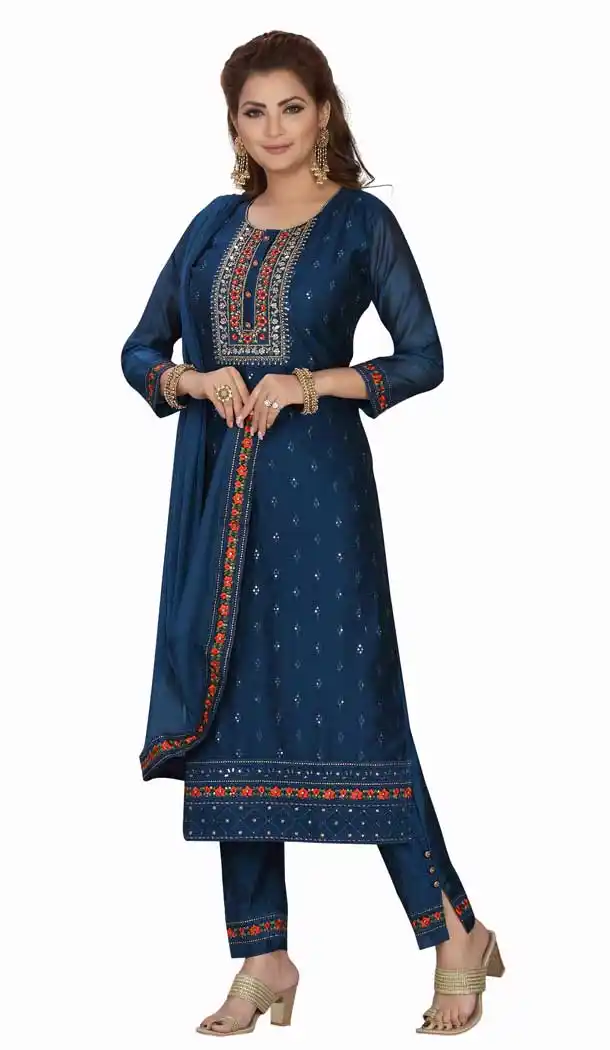 Stunning Blue Color Chanderi Silk Readymade Party Wear Plus Size Salwar Suit -9549112240