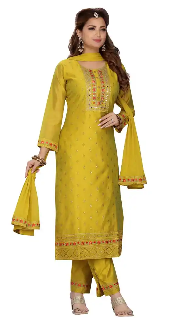 Olive Green Color Chanderi Silk Readymade Party Wear Plus Size Salwar Suit -9549112241