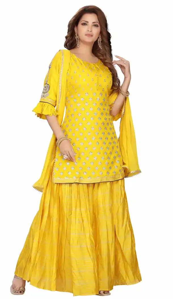 Desirable Yellow Color Silk Readymade Party Wear Plus Size Salwar Suit -9549112245