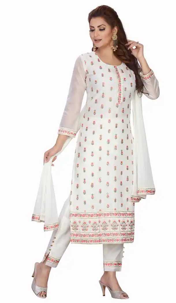 White Color Chanderi Silk Readymade Party Wear Plus Size Salwar Suit -9549112248