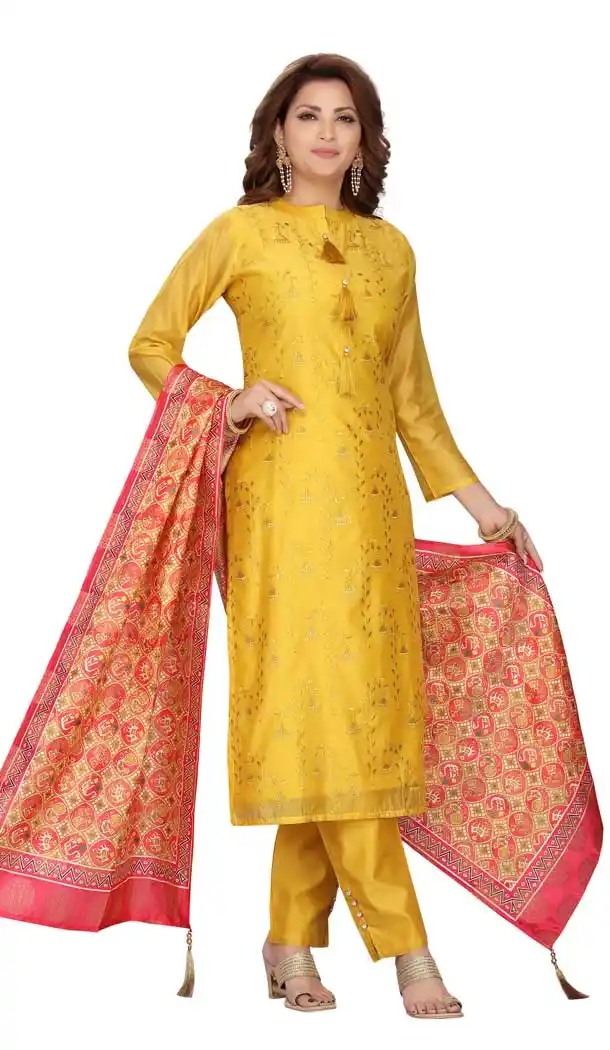 Yellow Color Chanderi Silk Readymade Party Wear Plus Size Salwar Suit -9549112250