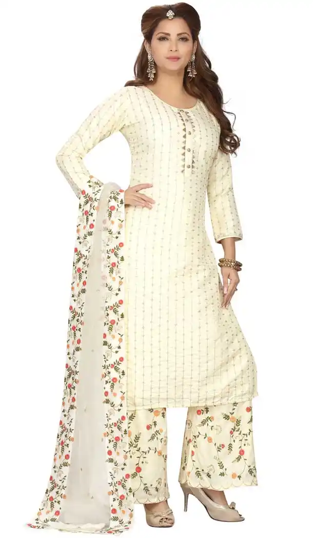 Cream Color Chanderi Silk Readymade Party Wear Plus Size Salwar Suit -9549112257