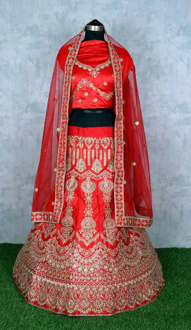 Red Color Satin Silk Heavy Designer Wedding Wear Lehenga Choli -9552112273