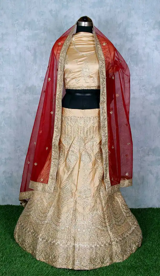 Attractive Cream Color Satin Silk Heavy Designer Wedding Wear Lehenga Choli -9552112274