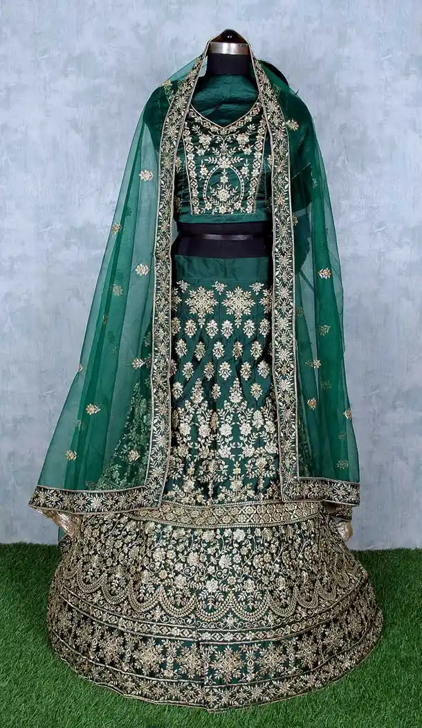 Rama Green Color Satin Silk Heavy Designer Wedding Wear Lehenga Choli -9552112277
