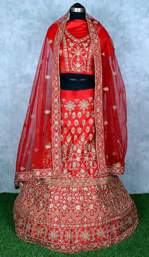 Chic Red Color Satin Silk Heavy Designer Wedding Wear Lehenga Choli -9552112278