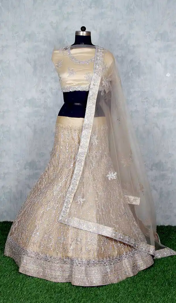 Cream Color Net Heavy Designer Wedding Mehendi Wear Lehenga Choli -9553112281