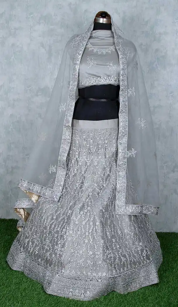 Tantalizing Grey Color Net Heavy Designer Wedding Mehendi Wear Lehenga Choli -9553112283