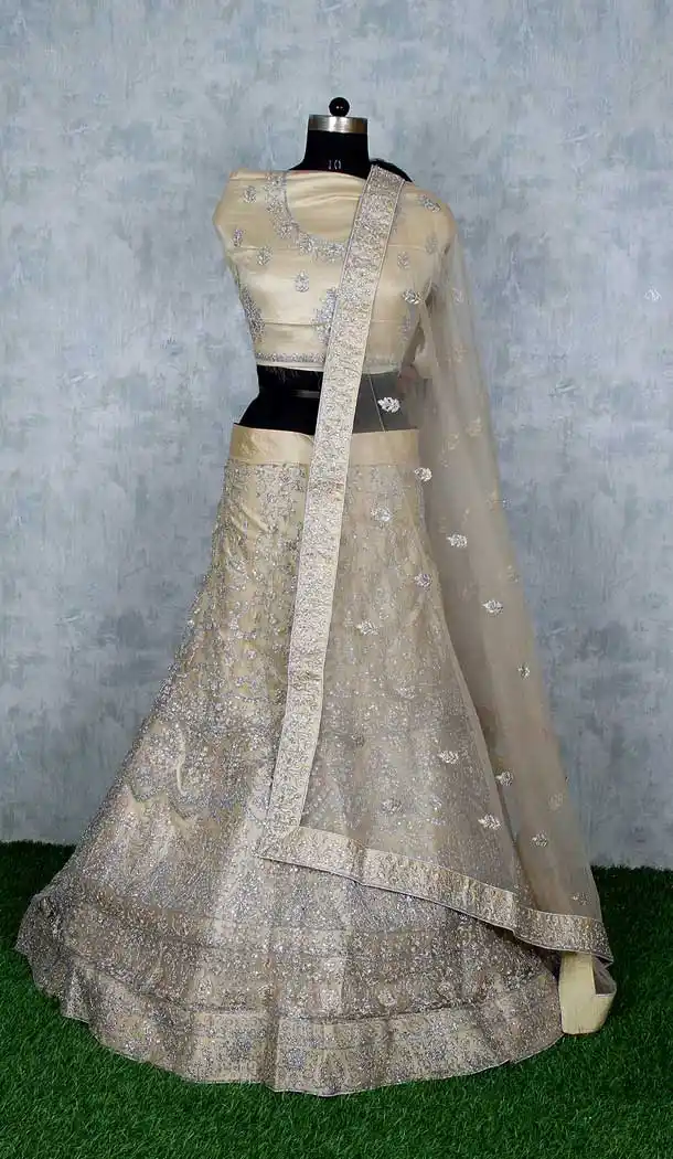 Cream Color Net Heavy Designer Wedding Mehendi Wear Lehenga Choli -9553112285