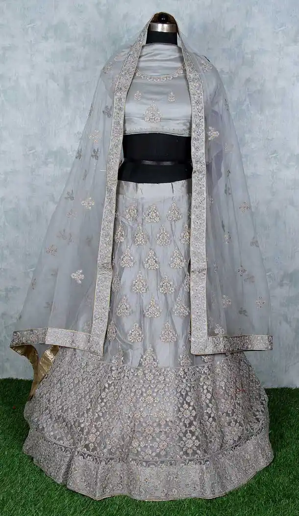 Charming Grey Color Net Heavy Designer Wedding Mehendi Wear Lehenga Choli -9553112287