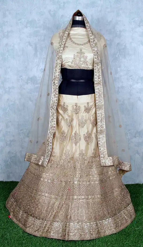 Charming Cream Color Net Heavy Designer Wedding Mehendi Wear Lehenga Choli -9553112292