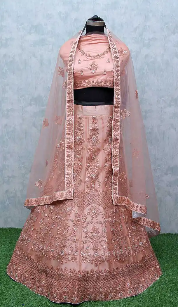 Peach Color Net Heavy Designer Wedding Mehendi Wear Lehenga Choli -9553112295