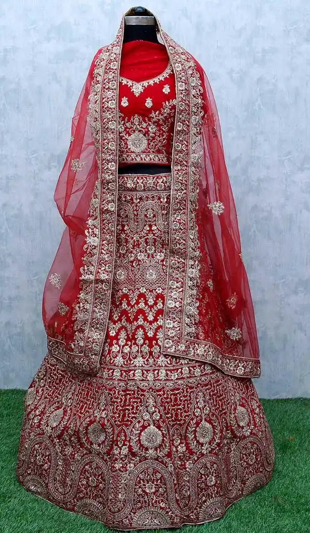 Red Color Velvet Heavy Designer Bridal Wedding Wear Lehenga Choli -9554112304