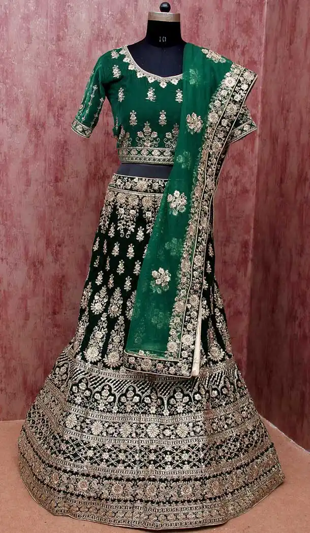 Cobalt Green Color Velvet Heavy Designer Sangeet Ceremony Wear Lehenga Choli -9555112309