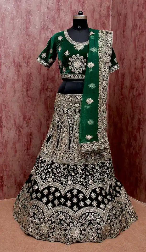 Green Color Velvet Heavy Designer Sangeet Ceremony Wear Lehenga Choli -9555112311