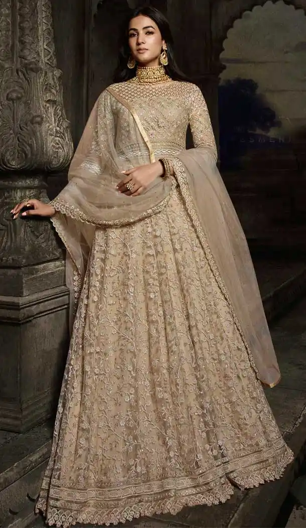 Beige Color Net Designer Heavy Pakistani Style Aanarkali Salwar Suit -9560112335