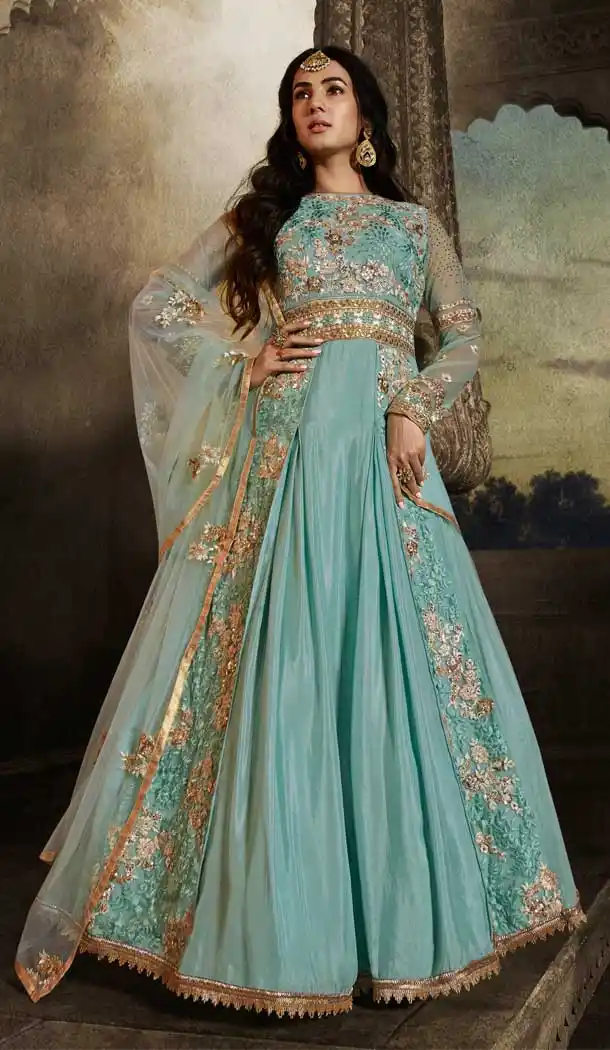 Sky Blue Color Net Designer Heavy Pakistani Style Aanarkali Salwar Suit -9560112339