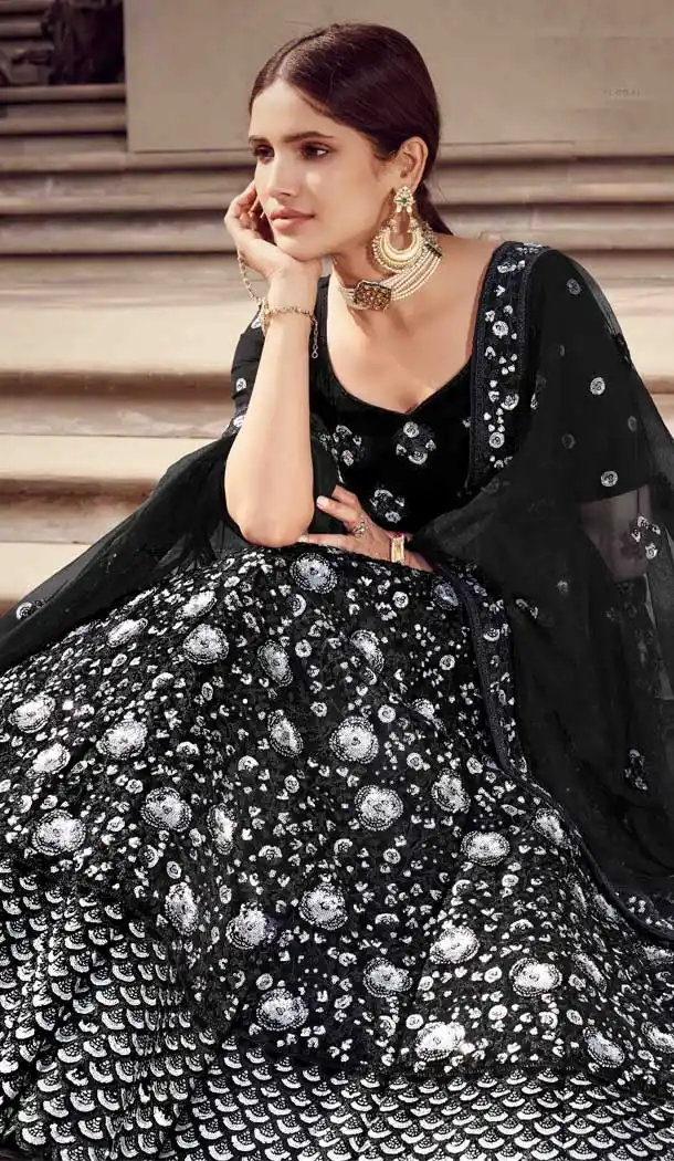 Black Color Soft Net Designer Bridal Sangeet Wear Lehenga Choli -9564112362
