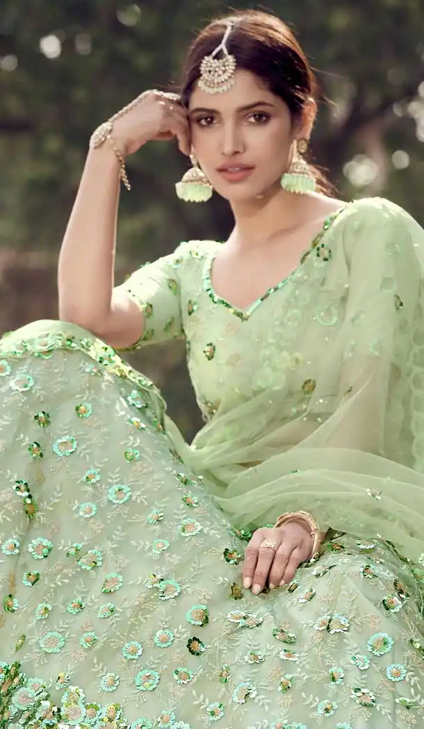 Pista Green Color Soft Net Designer Bridal Sangeet Wear Lehenga Choli -9564112363