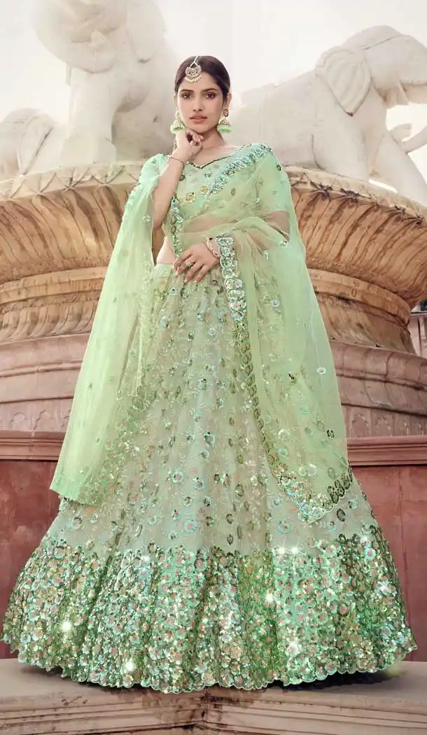 Pista Green Color Soft Net Designer Bridal Sangeet Wear Lehenga Choli -9564112363