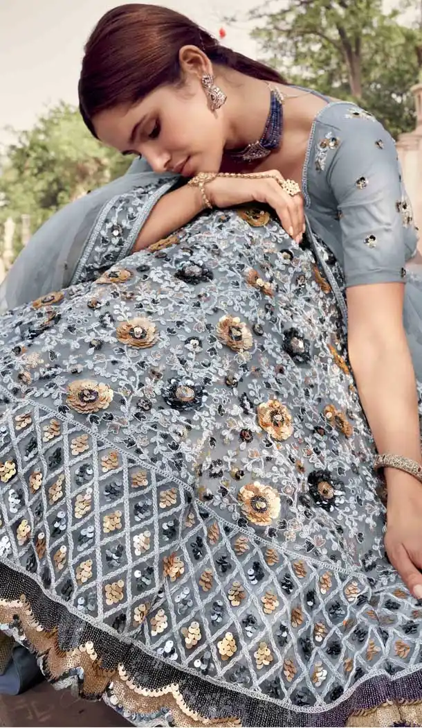 Grey Color Soft Net Designer Bridal Sangeet Wear Lehenga Choli -9564112364