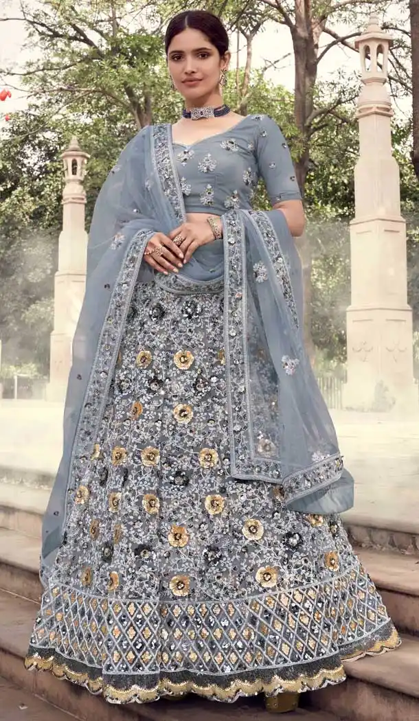 Grey Color Soft Net Designer Bridal Sangeet Wear Lehenga Choli -9564112364