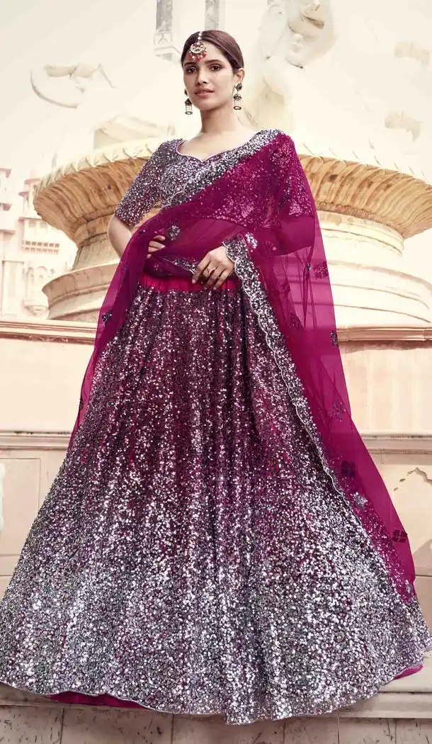 Chic Wine Color Soft Net Designer Bridal Sangeet Wear Lehenga Choli -9564112365