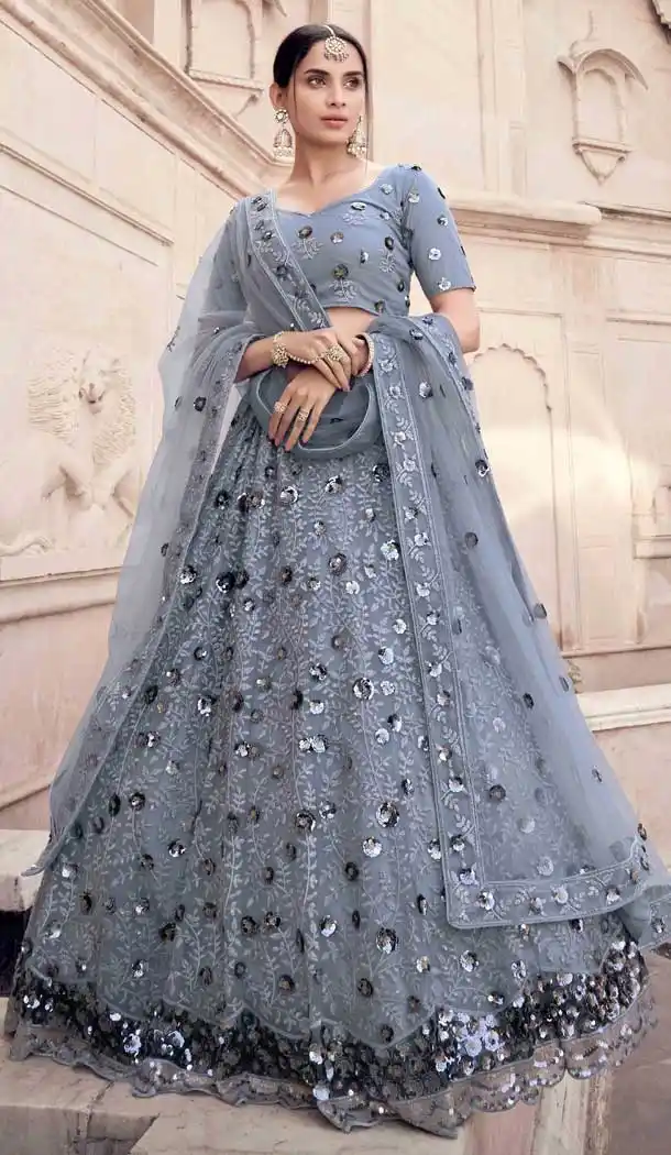 Attractive Grey Color Soft Net Designer Bridal Sangeet Wear Lehenga Choli -9564112368
