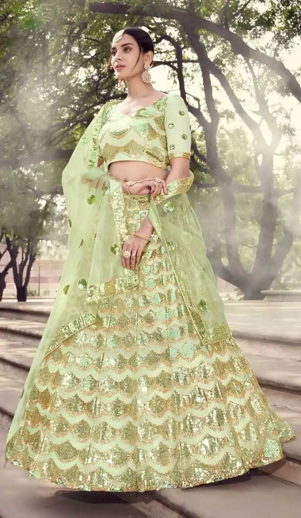 Pista Green Color Soft Net Designer Bridal Sangeet Wear Lehenga Choli -9564112370
