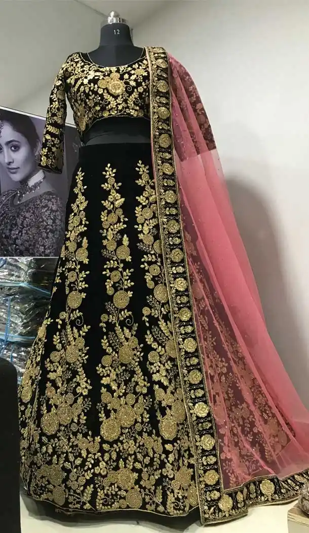 Black Color Markable Velvet Designer Wedding Sangeet Wear Lehenga Choli -9584112607