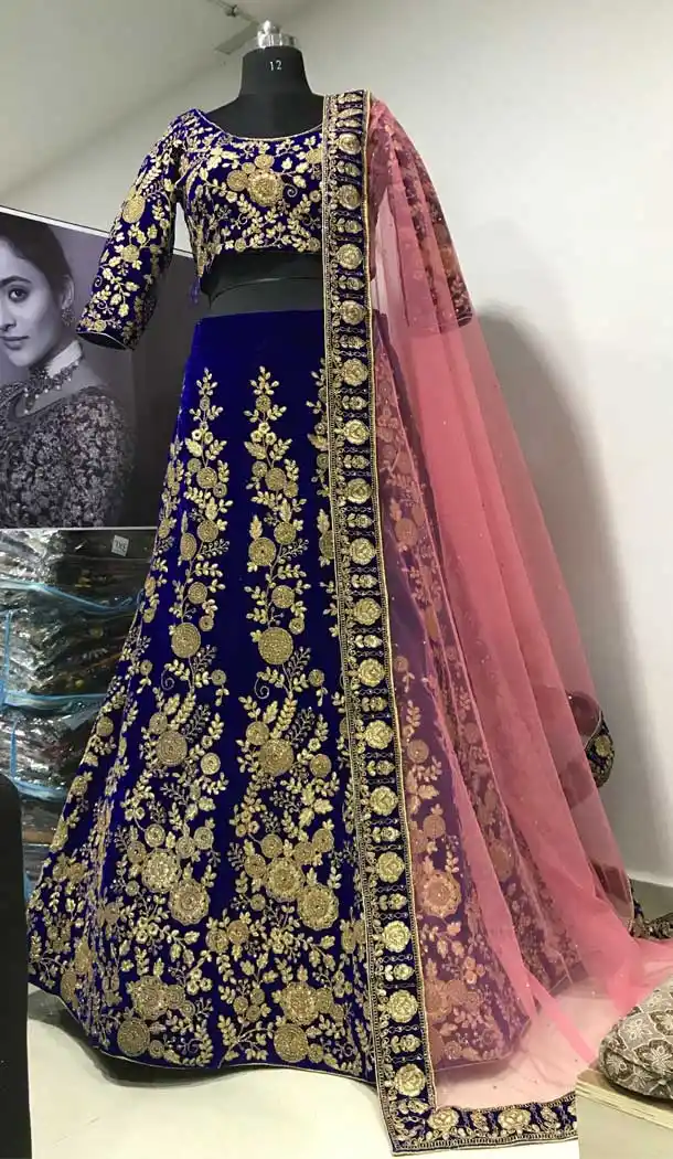 Blue Color Markable Velvet Designer Wedding Sangeet Wear Lehenga Choli -9584112608