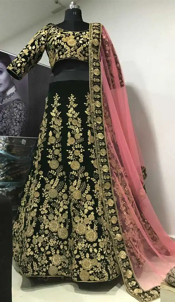 Green Color Markable Velvet Designer Wedding Sangeet Wear Lehenga Choli -9584112609