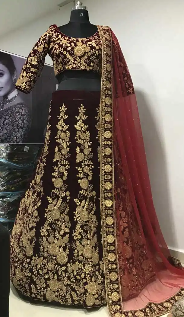 Maroon Color Markable Velvet Designer Wedding Sangeet Wear Lehenga Choli -9584112610